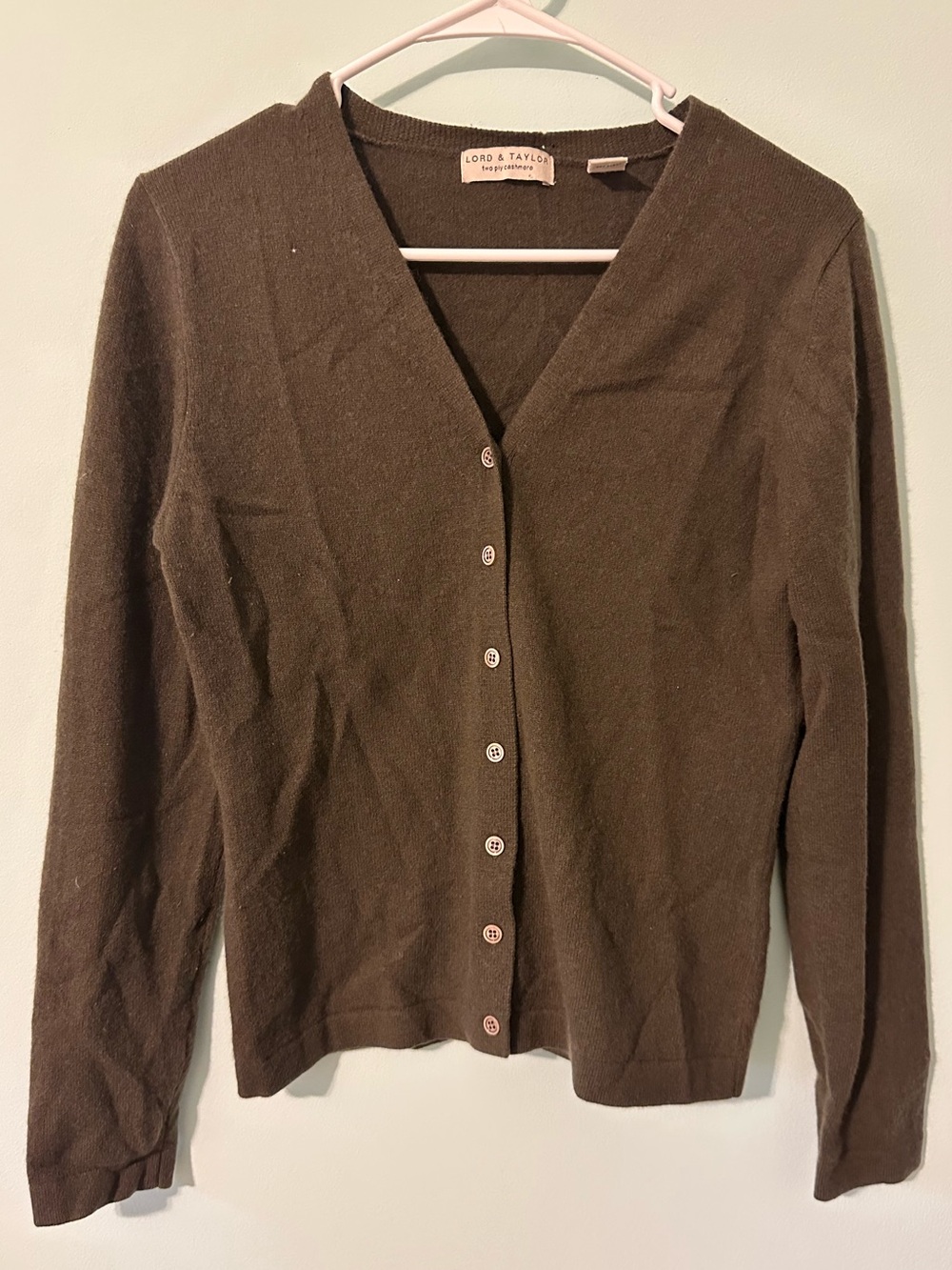 Lord & Taylor Cashmere Olive Green V-Neck Button-Front Cardigan